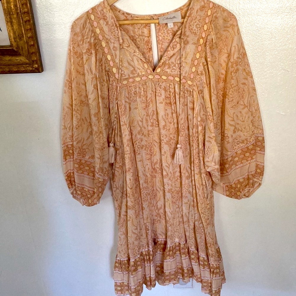 Cleobella Magdalena Floral Print Bubble Sleeve Mini Dress size Large